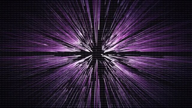 On a black pixel grid background, countless white light streaks burst radially from the center, creating a dynamic visual of moving through a high-speed tunnel.