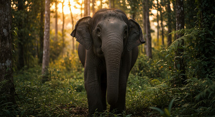 Fototapeta premium A majestic elephant walks gracefully through a dense forest, surrounded by tall trees and natural greenery. The soft sunlight filtering through the canopy highlights the elephant's textured skin and p
