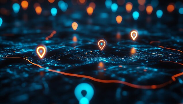 Glowing blue and orange location pins on a dark digital map with glowing lines navigation - Powered by Adobe