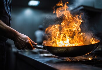 Chef's hand holds flaming wok