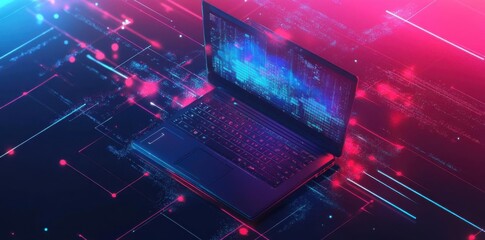 Laptop on Neon Grid Background Visualizes Data and Information Processing