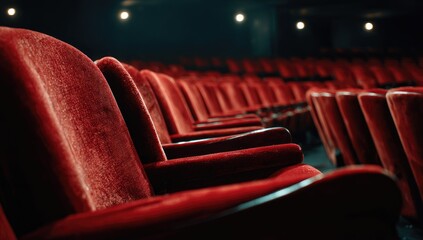 Empty red velvet seats in a dark theater