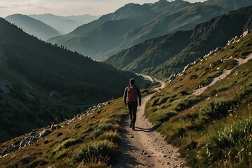 Obraz premium Lone Hiker with Backpack Descending a Winding Mountain Trail with Vast Valleys and Peaks in the Background