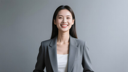 Professional woman in a gray blazer smiling against a neutral background