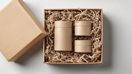 Kraft box with beige cosmetic containers and shredded paper filler