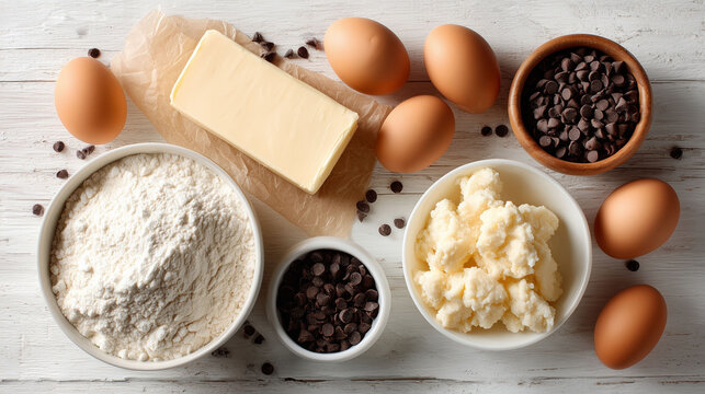 Overhead view of cookie dough ingredients on white wood - Powered by Adobe
