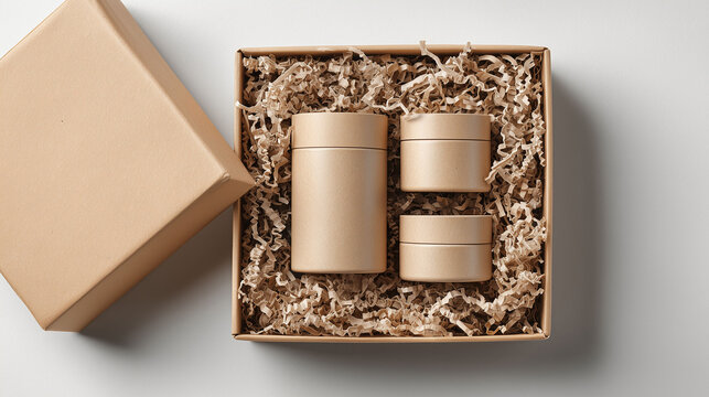 Kraft box with beige cosmetic containers and shredded paper filler
