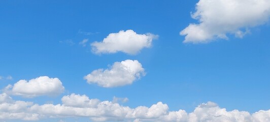 Sky panorama clear blue with white clouds in spring. Cloudscape