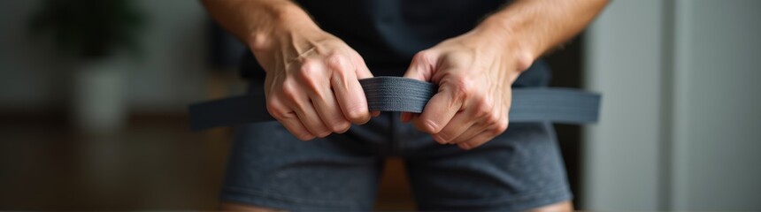 Someone using yoga strap for assisted stretch gradual mobility