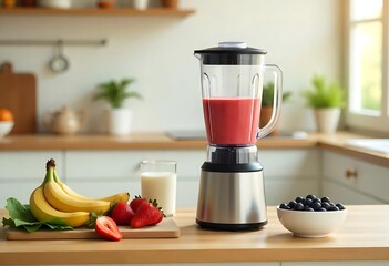 Generative AI image of a vibrant kitchen scene, featuring a smoothie with fresh ingredients