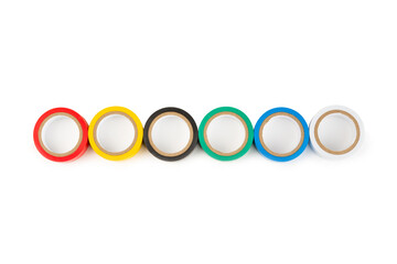Insulating tape on a bright colored background. Set of different colors insulating tape. Reel...