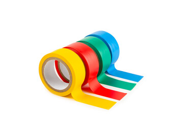 Insulating tape on a bright colored background. Set of different colors insulating tape. Reel...
