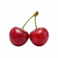 Closeup of cherry pair with natural texture and shine isolated on white used in nutrition articles, fruit labels, and digital menus