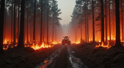 Tractor driving through a forest with a fire in the background