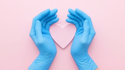Hands in Protective Gloves Caring for a Heart A Symbol of Health and Compassion for Valentine's Day