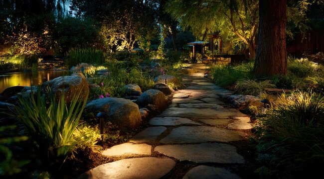Evening garden path lit by landscape spotlights - Powered by Adobe