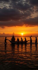 Silhouetted Fishermen Pulling Boat at Sunset, Golden Hour Seascape