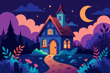 Whimsical Cottage Bathed in Moonlight in Forest