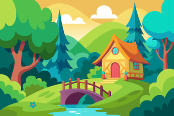 Naklejka premium Enchanted Forest Cottage Scene with Soft Glow