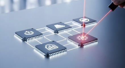 Innovative data management Laser precision connecting microchips and data icons for efficient cloud network and advanced technology solutions.