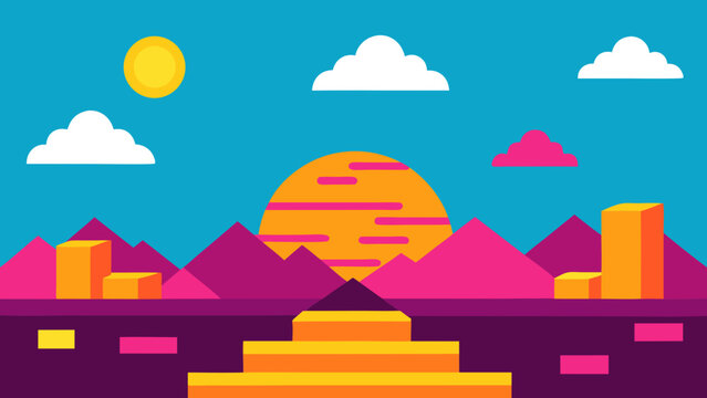 retro game style landscape with bright blocks and stripes