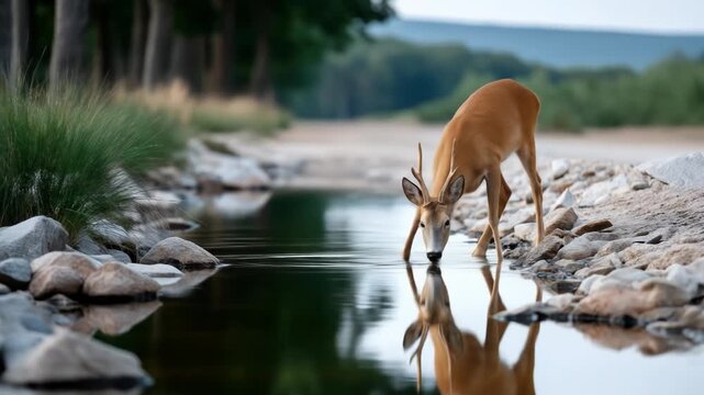 Roe deer drinking from a tranquil woodland pool