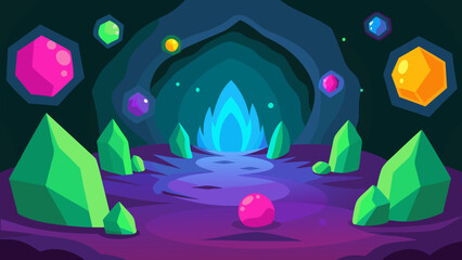 colorful magic cave filled with light orbs glowing
