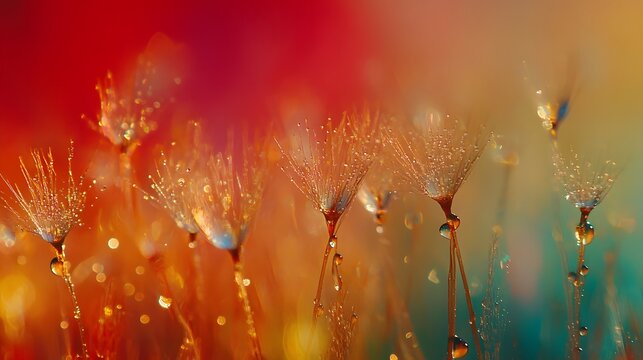 Close up of dandelion seed heads covered in water droplets with colorful blurred background