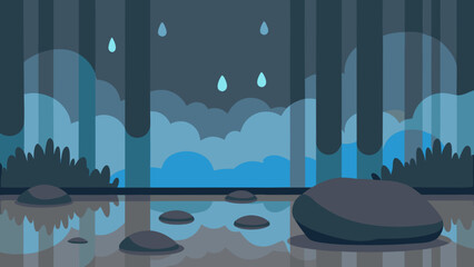 rainy forest landscape with puddles reflective water