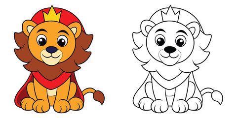 Cute Cartoon Lion King with Crown and Coloring Page