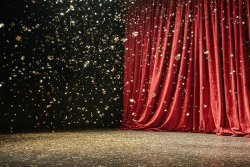 red curtain backdrop with falling confetti adds a festive touch and Elegant Style