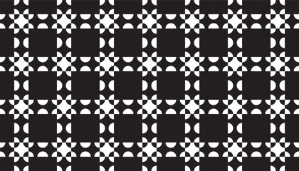 Seamless geometric pattern with white quarter circles forming a square grid on a black background.