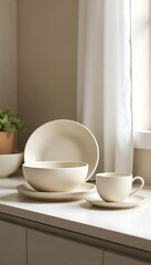 Obraz premium Generative AI image of minimalist ceramic dishware arrangement with natural lighting in a kitchen
