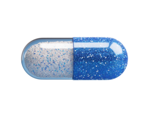 Floating Split Capsule with Blue and White Granules Suspended Inside, Clean Front View, Isolated on Transparent Background (2)