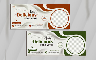 Fast food restaurant menu social media marketing web banner template design. Pizza, burger healthy food business online promotion flyer with abstract background, logo icon. Sale cover with mockup