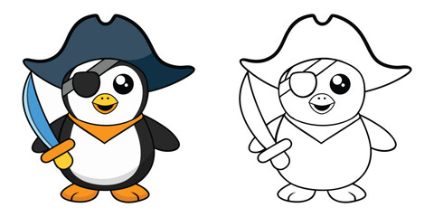 Funny Penguin Pirate with Coloring Book Style Version