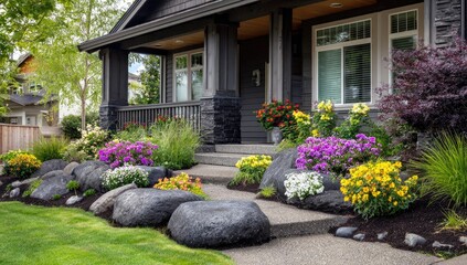 Fototapeta premium Front yard landscaping with large rocks, colorful flowers, and a modern home