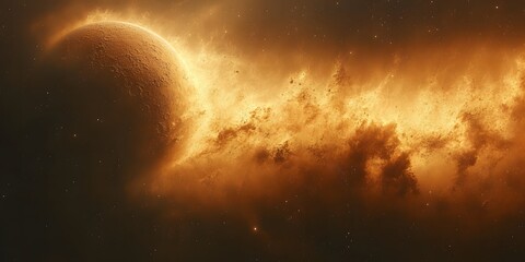 Obraz premium A celestial view of a planet partially obscured by vibrant orange and yellow cosmic clouds and stardust