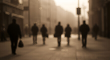 Sepia street scene figures walk blurred