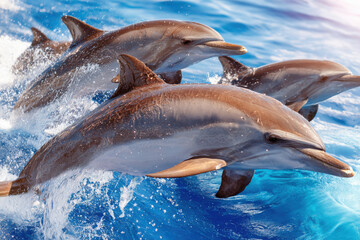 Fototapeta premium Dolphins swimming in ocean waves, showcasing their playful nature and agility. scene beauty of marine life