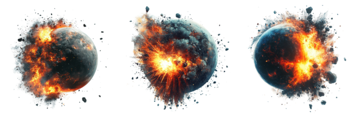 Exploding Planet with Fiery Impact and Flying Debris in Outer Space Isolated on Transparent Background