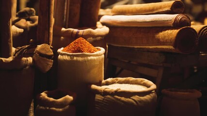 An array of sacks filled with vibrant spices is displayed at an old national African bazaar. Surrounding textiles add to the rich cultural atmosphere of this lively marketplace.