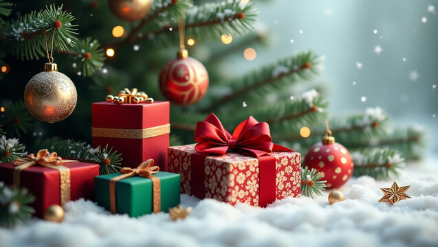 A delightful christmas arrangement showcases red and green presents with golden accents beneath a decorated tree, creating a warm and inviting holiday ambiance - Powered by Adobe