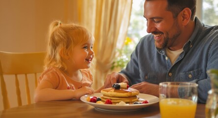 Father and child having food at home father and daughter enjoying pancakes for breakfast together at the kitchen table home