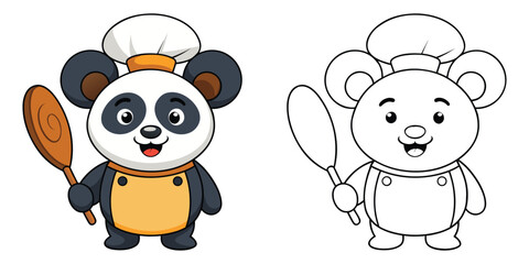 Cheerful Panda Chef with Coloring Page for Kids