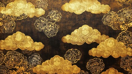 Golden Clouds and Floral, Elegant Texture with Traditional Japanese Art