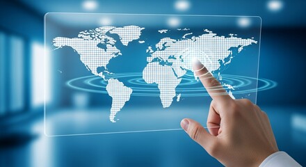 Human Hand Touching Digital World Map on Blue Hologram Display