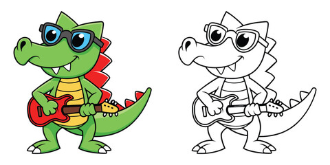 Cool Crocodile Rockstar with Guitar and Outline Page