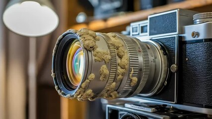 A surreal macro view of a vintage camera lens overcome by a strange, organic or fungal growth