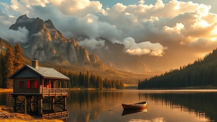 Fototapeta premium Eine ruhige Hütte auf Stelzen am See mit einem Boot, umgeben von Bergen und goldenem Licht. JPG mit malerischer Landschaft.
